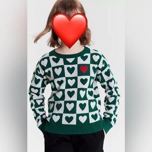 EPIC THREADS Green & Gray Checkered Heart Sweater w/Red Accent Rhinestone Heart